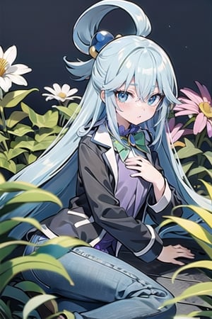 one girl adult, blue long hair , red eyes, medium chest, lay down, clothes balck jacket and blu shirt, pants black, background some white flowers with weeds,ksaqua