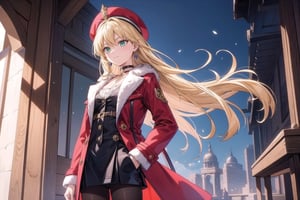 vibrant colors, female, masterpiece, sharp focus, best quality, depth of field, cinematic lighting, ((solo, one woman )), (illustration, 8k CG, extremely detailed), masterpiece, ultra-detailed, long hair, simple background, long sleeves, hat, roof of building, jewelry, closed mouth, green eyes, blonde hair, pantyhose, cowboy shot, earrings, choker,  collar, coat, black pantyhose, fur trim, black choker,hands in pockets, red coat