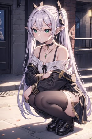 vibrant colors, female, masterpiece, sharp focus, best quality, depth of field, cinematic lighting, ((solo, one woman )), (illustration, 8k CG, extremely detailed), masterpiece, ultra-detailed, street city, white hair, green eyes, elf ears, looking at viewer, blush, skirt, shirt, hair ornament, thighhighs, long sleeves, hair, twintails, jewelry, very long hair, hair ribbon, black thighs, earrings, solo focus, choker, hairclip, necklace, off shoulder, black footwear, black shirt, black ribbon, black choker, piercing, squatting, ear piercing, , off-shoulder shirt