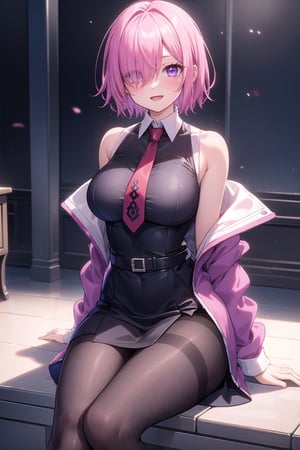 vibrant colors, female, masterpiece, sharp focus, best quality, depth of field, cinematic lighting, ((solo, one woman )), (illustration, 8k CG, extremely detailed), masterpiece, ultra-detailed, breasts, looking at viewer, blush, smile, short hair, open mouth, bangs, large breasts, long sleeves, dress, bare shoulders, sitting, purple eyes, jacket, pink hair, :d, pantyhose, open clothes, necktie, sleeveless, indoors, off shoulder, hair over one eye, black dress, open jacket, black pantyhose, sleeveless dress, eyes visible through hair, red necktie, grey jacket, mash kyrielight