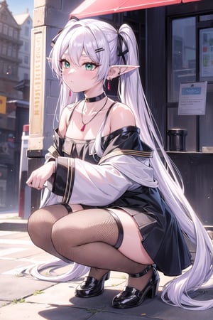 vibrant colors, female, masterpiece, sharp focus, best quality, depth of field, cinematic lighting, ((solo, one woman )), (illustration, 8k CG, extremely detailed), masterpiece, ultra-detailed, street city, white hair, green eyes, elf ears, looking at viewer, blush, skirt, shirt, hair ornament, thighhighs, long sleeves, hair, twintails, jewelry, very long hair, hair ribbon, thighs, earrings, solo focus, choker, hairclip, necklace, off shoulder, black footwear, black shirt, black ribbon, black choker, piercing, squatting, ring, ear piercing, fishnets, off-shoulder shirt, fishnet thighhighs, pupils, multiple rings