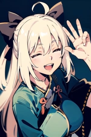 Okita whit hands up and close eyes whit smile how she is happy to see someone 