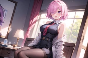 vibrant colors, female, masterpiece, sharp focus, best quality, depth of field, cinematic lighting, ((solo, one woman )), (illustration, 8k CG, extremely detailed), masterpiece, ultra-detailed, breasts, looking at viewer, blush, smile, short hair, open mouth, bangs, large breasts, long sleeves, dress, bare shoulders, sitting, purple eyes, jacket, pink hair, :d, pantyhose, open clothes, necktie, sleeveless, indoors, off shoulder, hair over one eye, black dress, open jacket, black pantyhose, sleeveless dress, eyes visible through hair, red necktie, grey jacket, mash kyrielight,mash kyrielight