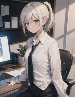 (vibrant colors, female, masterpiece, sharp focus, best quality, depth of field, cinematic lighting, ((solo, one woman )), (illustration, 8k CG, extremely detailed), masterpiece, ultra-detailed, looking at viewer, blush, short hair, shirt, hair between eyes, sitting, white shirt, white hair, grey hair, sweat, necktie, collared shirt, pants, indoors, black pants, black necktie, desk, sleeves rolled up, short ponytail, shirt tucked in, office lady, computer, id card, monitor, lanyard, office