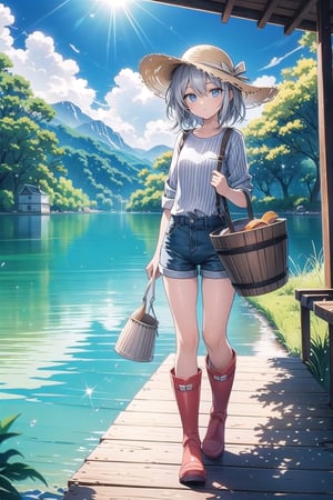 vibrant colors, female, masterpiece, sharp focus, best quality, depth of field, cinematic lighting, ((solo, one woman )), (illustration, 8k CG, extremely detailed), masterpiece, ultra-detailed, Fisherman on Quiet Lake

Hair length: Short and unkempt
Hair color: Silver gray
Eye color: Deep blue
Clothes: Striped shirt, shorts, bucket hat, rubber boots.
This fisherman enjoyed the tranquility of the lake as he cast his line, his short, unkempt silver-gray hair reflecting the sunlight. Deep blue eyes scanned the waters for suspicious movement. He wore a striped shirt that gave him a relaxed look, shorts to deal with the summer heat, a bucket hat that protected him from the sun and rubber boots that allowed him to walk along the shore without getting his feet wet.
Background: Lake surrounded by green trees and cloudless blue sky.