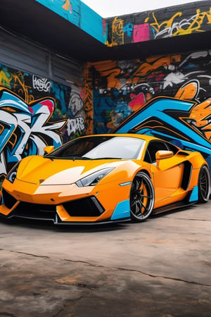 Supercar, wide body kit, modified car,(detailed background), graffiti wall perfect image, with  background, ideal line art, 