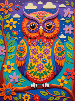 A cute long beautiful folk art color.Red
. Orange
. Yellow
. Green
. Blue
. mauve
. Violet  OWL  with flowers, clouds, and trees in the style of Edward Tingatinga in a BLUE folk art background,



