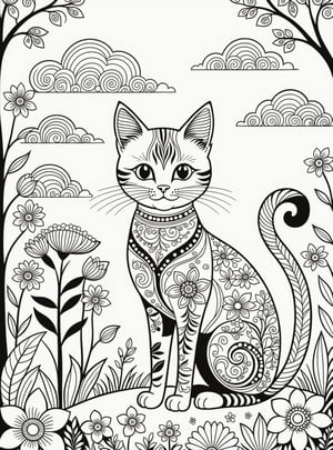 A cute CAT with beautiful long legs, EXOTIC flowers folk art, clouds, and trees, in the style of Edward Tingatinga, in whimsical folk art white background, 8K crisp lines, no shading, and Fully groomed. PERFECT LINE DETAILS.HD  white background, Black and white coloring book page, crisp lines, 



