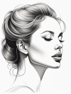 Pen drawing with an aspect ratio of 1;2 showing the side profile of a woman. Delicate lines trace her face, capturing the curvature of her nose, lips, and eyelashes, creating a sense of elegance.