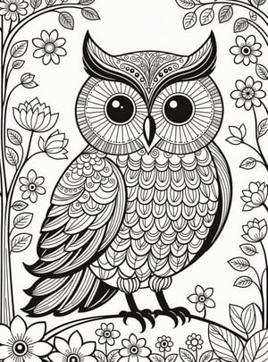 A cute OWL with beautiful long legs,  flowers folk art, clouds, and trees, in the style of Edward Tingatinga, in whimsical folk art white background, 4K crisp lines, no shading, and Fully groomed. PERFECT LINE DETAILS.HD  white background, Black and white coloring book page, crisp lines, 



