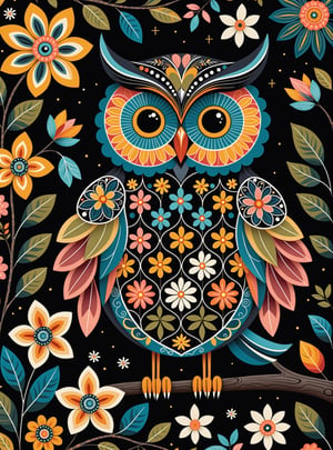 A cute OWL with beautiful long legs, flowers folk art, clouds, and trees, in the style of Edward Tingatinga, in whimsical folk art BLACK background, 8K  PERFECT LINE DETAILS. INTENSE MULTICOLOR



