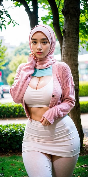  best quality, masterpiece, (photorealistic:1.4), 1girl, 18 year old girl, (clear white_hijab), perfect milfication body, muslim, slim waist, big hips, big booty, perfect body shape, skinny, milfication, (pink shirt, unbuttoned cardigan, long tight skirt), gigantic_breasts, hand on hips poses, shy expression, erotic poses,milfication,mature female,milf, soft colour, (at park background), flat lighting,igirl,hijab,hourglass body shape,hij4b,LanaRhoades