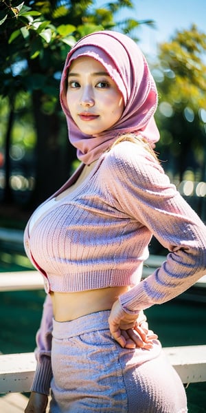  best quality, masterpiece, (photorealistic:1.4), 1girl, 18 year old girl, (clear white_hijab), perfect milfication body, muslim, slim waist, big hips, big booty, perfect body shape, skinny, milfication, (pink shirt, unbuttoned cardigan, long tight skirt), gigantic_breasts, hand on hips poses, shy expression, erotic poses,milfication,mature female,milf, soft colour, (at park background), flat lighting,igirl,hijab,hourglass body shape,hij4b