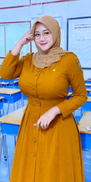 PNS, guru, super realistic 3/4 shot, passionate pose, professional photography portrait of a 30 year old female teacher in a classroom, very realistic skin, cinematic lighting, very original hijab fabric details, glasses, holding a book, scout clothing, transparent button-up shirt with right and left pockets, long slave, transparent long skirt, (big hips: 1.3), tight cotton dress, smiling, looking at the camera, (masterpiece :1.0), (best quality: 1.0), beautiful, (intricate details), unity 8k wallpaper, very detailed and really lights up the realistic room,SkinDetail, Hijab,SDXL,Extremely Realistic,Breasts ,hijab