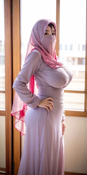  best quality, masterpiece, RAW photo, super realistic, (photorealistic:1.4), 1girl, 18 year old girl, (clear white_hijab), (mouth veil, hijab with veil, veil), perfect milfication body, slim waist, big hips, big booty, perfect body shape, skinny, milfication, (white long sleeves shirt, long skirt, robe clothes), gigantic_breasts, from front view, front body shot, hand on hips, shy expression,mature female,milf, (at school), flat lighting,igirl,hijab,hourglass body shape,indonesia,Sexy Pose