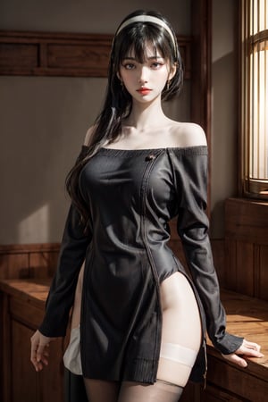 masterpiece, best quality, highres, bbyorf, smooth long hair with long locks, white hairband, beautiful eyes, gold earrings, (large breasts:1.2), jewelry, off shoulder, sexy sweater, sweater dress, no sleeves, black pantyhose, red eyes , indoors, hourglass body shape, looking at viewer, yor forger, yor, beautiful face, perfect face, realistic, no underwear button, 28yo, sexy pose,bbyorf,anime,Young beauty spirit 