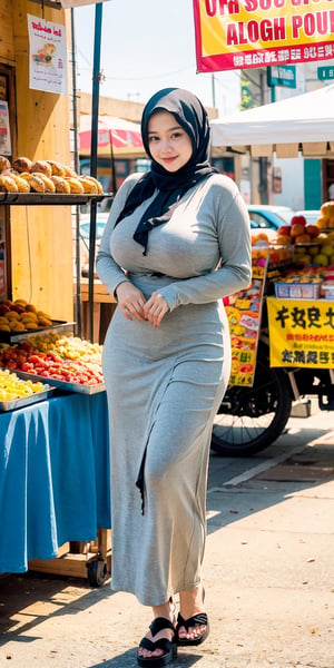 full body shot, best quality, masterpiece, (photorealistic:1.4), 1girl, 18 year old girl, (clear white_hijab), perfect milfication body, slim waist, big hips, perfect body shape, skinny, petite body, huge tits, (tight long dress, robe clothes, flip flop), sling bag, gigantic_breasts, light smile, realistic expression,milfication,mature female,milf, (at street vendors selling sweet foods, scenery background), flat lighting,igirl,hijab,hourglass body shape,hij4b,hijab indonesia,indonesia