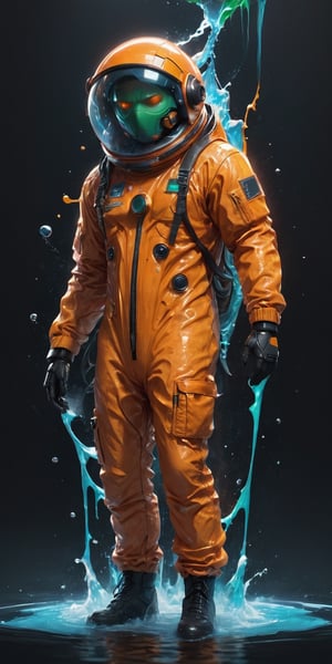 A masterpiece, a (medium-length:1) photographic image shows a man in an orange astronaut suit and an Orange fruit mask on his head, (liquid cheddar style.2), (Orange fruit head:1), The Orange fruit is large and covers the man's entire head. It has black eyes, a nose, and a mouth. The man's skin is light brown. He is wearing a blue shirt, a green tie, and green pants. The shirt has a pocket on the chest and the tie is tied with a simple knot. The pants have two pockets on the sides and are fastened with a black belt. The man is standing in front of a black background, (Esao Andrews:1), with dynamic pose, ultra-realistic, 8k, HD, photography, lighting with shadows, black background, dark cinematic lighting, beautiful style, beautiful colors, booth, (lighting background:1),liquid dress,ice and water,starry sky
