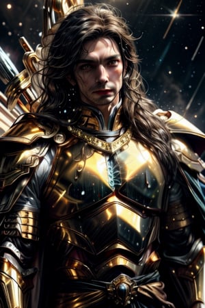 1man, Libra Shiryu, long dark hair (((Medium Shot))), dressed in the golden armor of Libra, holding a scepter with golden scales, on a black cloth background, The knights of the zodiac, Cloth and gold armor, perfect eyes, skin pores, clear skin, skin with gold drops, ((mystical background)) good anatomy, perfect hands, perfect eyes,4ry4,magical brackground,cloud, background_sky, mystical sky, ultra realistic, background details, (detail face), clear face, clear photography,perfecteyes, ((dramatic lighting)) sweat, (sweat droplets golden), God and the stars, the space is nice, random place, a lovely golden armor, extremely long hair, messy hair