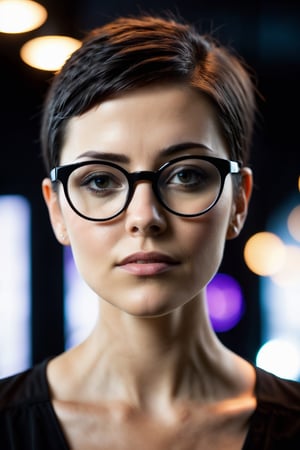Woman with black glasses, wearing a black shirt, pore skin, no makeup, short hair, studio light, rim light, white background, shallow depth of field, highly detailed, high budget, film still, bokeh, cinemascope, moody, epic, gorgeous, film grain, a grainy, grim,  cinematic masterwork by the head of prompt engineering, more detail XL, Flora, (behind a white studio and beautiful field:1.2), (violet light lateral:1)