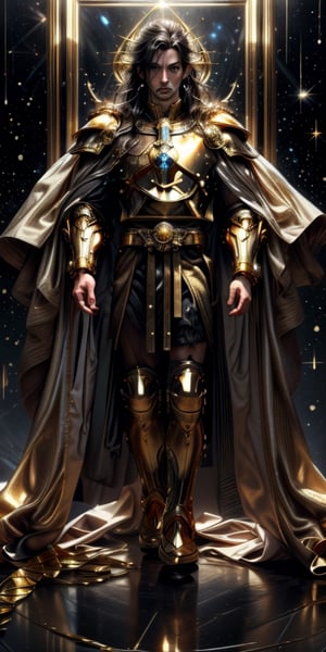 1man, Libra Shiryu, long dark hair (((Fullbody Shot))), dressed in the golden armor of Libra, holding a scepter with golden scales, on a black cloth background, The knights of the zodiac, Cloth and gold armor, perfect eyes, skin pores, clear skin, skin with gold drops, ((mystical background)) good anatomy, perfect hands, perfect eyes,4ry4,magical brackground,cloud, background_sky, mystical sky, ultra realistic, background details, (detail face), clear face, clear photography,perfecteyes, ((dramatic lighting)) sweat, (sweat droplets golden), God and the stars, the space is nice, random place, a lovely golden armor, extremely long hair, messy hair, perfect face, ultra detail face, perfect fingers, good finger anatomy, ((perfect hands))