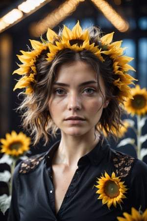 French girl wearing a black shirt, pore skin, no makeup, messy hair, studio light, rim light, sunflowers, filigree motif, shallow depth of field, highly detailed, high budget, film still, bokeh, cinemascope, moody, epic, gorgeous, film grain, grainy, grim,  cinematic masterwork by head of prompt engineering, more detail XL,Flora, (behind a dark and beautiful field:1.2)