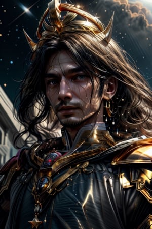 1man, Libra Shiryu, long dark hair (((Medium Shot))), dressed in the golden armor of Libra, holding a scepter with golden scales, on a black cloth background, The knights of the zodiac, Cloth and gold armor, perfect eyes, skin pores, clear skin, skin with gold drops, ((mystical background)) good anatomy, perfect hands, perfect eyes,4ry4,magical brackground,cloud, background_sky, mystical sky, ultra realistic, background details, (detail face), clear face, clear photography,perfecteyes, ((dramatic lighting)) sweat, (sweat droplets golden), God and the stars, the space is nice, random place, a lovely golden armor