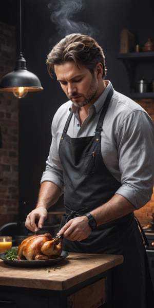 A masterpiece, a (full body:1) (half body:1) Photo of a 42 year old American man preparing a dish with chicken (modern food), dressed in gray shirt, rustic black kitchen apron, concentrating on his culinary dish, with dynamic pose, ultra-realistic, 8k, HD, photography, lighting with shadows, black background, dark cinematic lighting, beautiful style, beautiful colors, cabin, (lighting background:1), (background with oven with chickens), (worn brick walls).