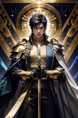 1man, Libra Shiryu (Medium Shot), dressed in the golden armor of Libra, holding a scepter with golden scales, on a black cloth background, The knights of the zodiac, Cloth and gold armor, perfect eyes, ((mystical background)) good anatomy, perfect hands, perfect eyes,4ry4,magical brackground