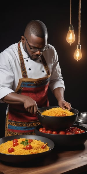 A masterpiece, (medium body:1), (African cuisine background:1) Photo of a 42 year old African man with seeing glasses, preparing a dish of yellow jollof rice and tomatoes in a black pot and wooden plates (Zulu food), dressed in white chef vest, concentrating on his culinary dish, with dynamic pose, ultra-realistic, 8k, HD, photography, lighting with shadows, black background, dark cinematic lighting, beautiful style, beautiful colors, cabin, (lighting background: 1), (background with traditional wooden kitchen.1), (ornate walls painted with red and blue zulu:1.2), (african art.2)