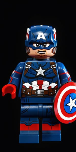 A masterpiece image from a photo of the superhero Captain America lego figure, full body with muscles, sweaty face, defiant look, with dynamic pose, ultra realistic, 8k, HD, photography, lighting with shadows, black background, dark cinematic lighting, beautiful style, beautiful colors.