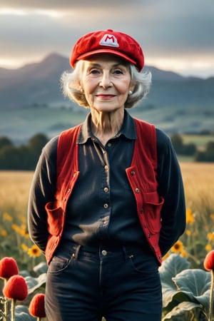 Portrait of grandmother, pore skin, no makeup, white hair, studio light, Gardener Jeans, (Red Mario-Bros wool cap:1.1), relaxed and happy pose, and black corduroy pants, ((clothes normcore aesthetic)), rim light, living-room background, highly detailed, high budget, film still, bokeh, cinemascope, moody, epic, gorgeous, film grain, a grainy, grim, cinematic masterwork by the head of prompt engineering, more detail XL, (behind a random beautiful field:1.2), (warm light atmosfere:1), (Extremely textura:1.1), (masterpiece), photography,Flora, (grandmother:1),Vogue