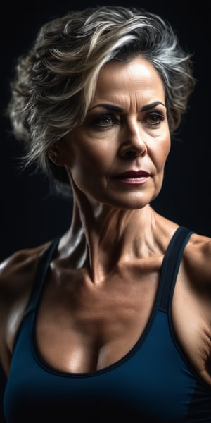 (masterpiece:1) A half-shot photo 56-year-old woman in a fitness space, with few muscles, disheveled hair, sweaty face, defiant gaze, (Normal sized body:1.2), (clothing fitness.1), on location with dynamic pose wearing Other-Worldly Fashion, pale skin, (dark shirt:1), ultra-realistic, 8k, HD, Photography, Shadow lighting, (black background:1),(cinematic dark lighting:1.4), beautiful style, (Beautifull colors),photo r3al,detailmaster2, (dark blue and black), perfect face,perfecteyes, light lighting, (pore skin)