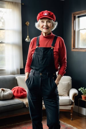 Portrait of grandmother, pore skin, no makeup, white hair, studio light, Gardener Jeans, (Red Mario-Bros wool cap:1.1), relaxed and happy pose, and black corduroy pants, ((clothes normcore aesthetic)), rim light, living-room background, highly detailed, high budget, film still, bokeh, cinemascope, moody, epic, gorgeous, film grain, a grainy, grim, cinematic masterwork by the head of prompt engineering, more detail XL, (behind a random beautiful field:1.2), (warm light atmosfere:1), (Extremely textura:1.1), (masterpiece), photography,Flora, (grandmother:1),Vogue,