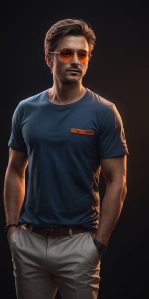 A masterpiece, a (full-length:1) photographic image shows a man in a dark blue t-shirt. (Orange glasses). The man's skin is light white. The shirt has a pocket on the chest and the tie is tied with a simple knot. The man is standing in front of a black background, with dynamic pose, ultra-realistic, 8k, HD, photography, lighting with shadows, organge background, dark cinematic lighting, beautiful style, beautiful colors, booth, (lighting background:1)