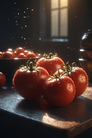 A masterpiece, (a photo of large red tomatoes inside a very small bolw:1), around more large tomatoes, tomatoes have water drops, dark kitchen table, (small black bowl:0.5) on a cozy kitchen on a sunny day, perfect lighting, background beautifull tradicional kitchen, with dynamic pose, ultra realistic, 8k, HD, photography, lighting with shadows, black background, dark cinematic lighting, beautiful style, beautiful colors, (golden hour lighting:1),(big tomatoes:1),booth
