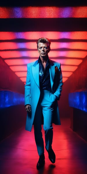 (masterpiece:1), A photo full body of David Bowie in a surrealist Cyberpunk place, ultra realistic, stunning, mythical being, energy, molecular, textures, iridescent and luminescent scales, breathtaking beauty, pure perfection, divine presence, unforgettable, impressive, breathtaking beauty, Volumetric light, auras, rays, vivid colors reflects, ultra realistic, 8k, HD, Photography, Shadow lighting, (dark blue background:1),(cinematic dark lighting:1.4), beautifull style, (Beautifull colours),photo r3al,detailmaster2, latex, (red and blue), perfect face,perfecteyes, neon lighting, (pore skin),Movie Still,