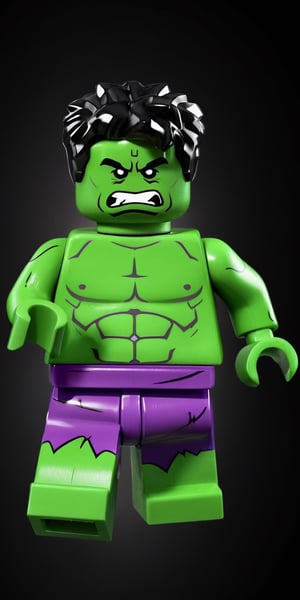 (masterpiece:1) Photo of green HULK, full-body with few muscles, disheveled hair, sweaty face, defiant gaze, (clothing fitness.1), on location with dynamic pose wearing Other-Worldly Fashion, pale skin, (dark shirt:1), ultra-realistic, 8k, HD, Photography, Shadow lighting, (black background:1),(cinematic dark lighting:1.4), beautiful style, (Beautifull colors),photo r3al, light lighting, (pore skin), LEGO MiniFig, (dark green skin:1.3), (violet shorts), (Characters)