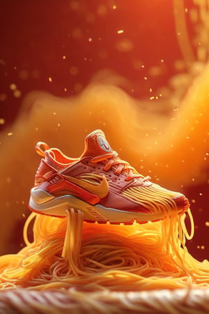 A closeup of one Nike (shoe of noodles:1.6) in the paradise of spaghetti, perfect shoe, perfect noodles, ultra realistic, high detailed, a product photography light, full color, subsurface scattering, slim shape, magic background, colors, volumetric light, 3d, good style, 90's, 8k, HD, product photography, good focus, booth, food focus, no humans, (noodles :1.2), EpicSky, one shoe, 1shoe, (noodles and and tomato sauce:1.3), background red and orange, yellow. [less leather]