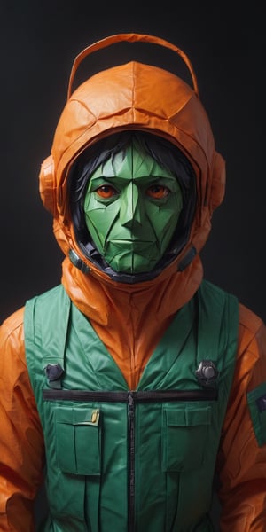 A masterpiece, a (medium-length:1) photographic image shows a man in an orange astronaut suit and an Orange fruit mask on his head. (Orange fruit head:1), The Orange fruit is large and covers the man's entire head. It has black eyes, a nose, and a mouth. The man's skin is light brown. He is wearing a blue shirt, a green tie, and green pants. The shirt has a pocket on the chest and the tie is tied with a simple knot. The pants have two pockets on the sides and are fastened with a black belt. The man is standing in front of a black background, (Esao Andrews:1), with dynamic pose, ultra-realistic, 8k, HD, photography, lighting with shadows, black background, dark cinematic lighting, beautiful style, beautiful colors, booth, (lighting background:1),ral-orgmi