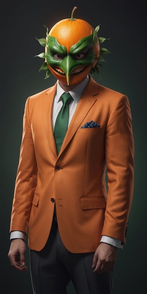 A masterpiece, a (medium-length:1) photographic image shows a man in a orange suit and a Orange fruit mask on his head. (Orange fruit head:1), The Orange fruit is large and covers the man's entire head. It has black eyes, a nose, and a mouth. The man's skin is light brown. He is wearing a red shirt, a green tie, and green pants. The shirt has a pocket on the chest and the tie is tied with a simple knot. The pants have two pockets on the sides and are fastened with a black belt. The man is standing in front of a black background, (Esao Andrews:1), with dynamic pose, ultra-realistic, 8k, HD, photography, lighting with shadows, black background, dark cinematic lighting, beautiful style, beautiful colors, booth, (lighting background:1)