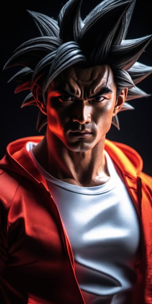 (masterpiece:1) A photo shot GOKU on location with dynamic pose wearing a jogging suit, pale skin, (white shirt:1), ultra-realistic, 8k, HD, Photography, Shadow lighting, (black background:1),(cinematic dark lighting:1.4), beautiful style, (Beautifull colors),photo r3al,detailmaster2, (dark red and black), perfect face,perfecteyes, light lighting, (pore skin)