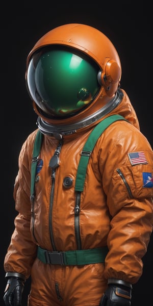 A masterpiece, a (medium-length:1) photographic image shows a man in an orange astronaut suit and an Orange fruit mask on his head. (Orange fruit head:1), The Orange fruit is large and covers the man's entire head. It has black eyes, a nose, and a mouth. The man's skin is light brown. He is wearing a blue shirt, a green tie, and green pants. The shirt has a pocket on the chest and the tie is tied with a simple knot. The pants have two pockets on the sides and are fastened with a black belt. The man is standing in front of a black background, (Esao Andrews:1), with dynamic pose, ultra-realistic, 8k, HD, photography, lighting with shadows, black background, dark cinematic lighting, beautiful style, beautiful colors, booth, (lighting background:1)
