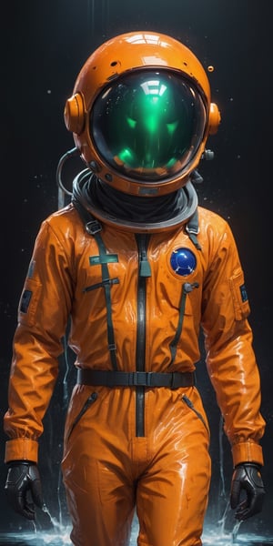 A masterpiece, a (medium-length:1) photographic image shows a man in an orange astronaut suit and an Orange fruit mask on his head, (liquid cheddar style.1), (Orange fruit head:1), The Orange fruit is large and covers the man's entire head. It has black eyes, a nose, and a mouth. The man's skin is light brown. He is wearing a blue shirt, a green tie, and green pants. The shirt has a pocket on the chest and the tie is tied with a simple knot. The pants have two pockets on the sides and are fastened with a black belt. The man is standing in front of a black background, (Esao Andrews:1), with dynamic pose, ultra-realistic, 8k, HD, photography, lighting with shadows, black background, dark cinematic lighting, beautiful style, beautiful colors, booth, (lighting background:1),liquid dress