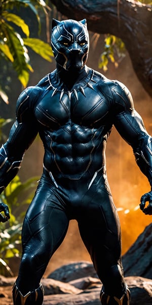A masterpiece, a photo of the black panther of Marvel, full body with muscles, Jungleland background, sweaty face, defiant look, with dynamic pose, ultra realistic, 8k, HD, photography, lighting with shadows, black background, dark cinematic lighting, beautiful style, beautiful colors.