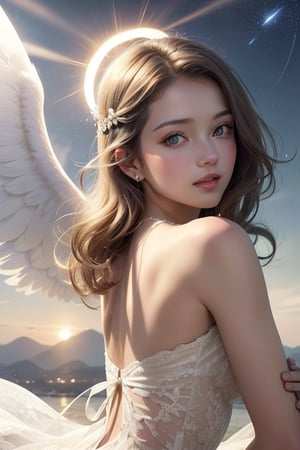 (((Masterpiece))), (((Top quality))), ((Super detailed)), (Illustration), (Detailed light), ((Very delicate and beautiful)), (Beautiful detailed eyes) , (Sunshine), (Angel), Solo, Young Girl, Dynamic Angle, Floating, Bare Shoulders, Looking at the Beholder, Wings, Arms Raised, Halo, Floating White Silk, (Holy Light), Just Silver We absorb sunlight as stars explode.