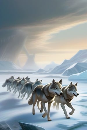 A flock of silver wolves runs across an ice field, followed by an iceberg