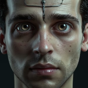 Male A. I. inspired by SHODAN from System Shock, full body, detailed symmetrical face, real, alive, real skin textures, big eyes, , (B&W, Monochrome), Photorealistic, Hyper-realistic, Hyper-detailed, film noir, detailed skin, pores, matte skin, soft lighting, subsurface scattering, realistic, heavy shadow, masterpiece, best quality, 8k, golden ratio, Intricate, film photography, full sharp, soft focus