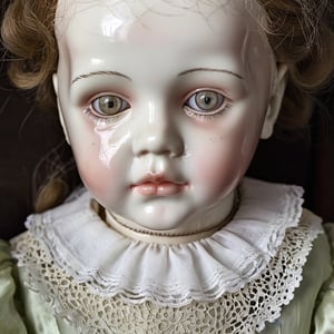 Creepy Victorian porcelain doll , a babydoll, human baby face, cracked, intricately detailed dress, glassy dead-eyed stare