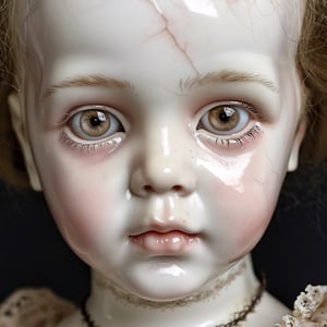 Creepy Victorian porcelain doll , a babydoll, human baby face, cracked, intricately detailed dress, glassy dead-eyed stare